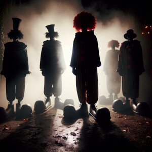 Darkness, silhouettes of a scary sinister clown are visible in i...