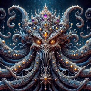 A tentacled, cosmic horror of a glitzy galactic pirate, its form...