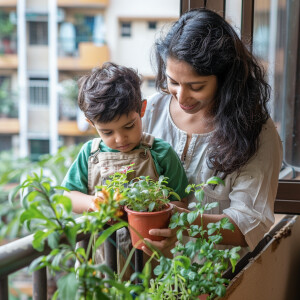 A modern young brown indian mother having a small herb garden wi...
