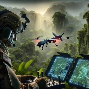 Indian army Male military drone operator remotely piloting a UAV...