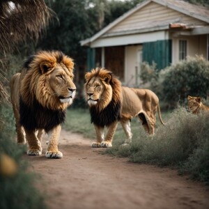 A lion walking next to a house cat