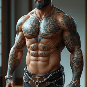 Create an image of a shirtless, tattooed man with intricate desi...