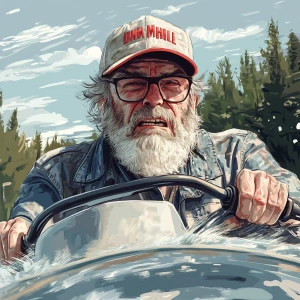 A man with a grey beard and glasses and a baseball cap with Harl...