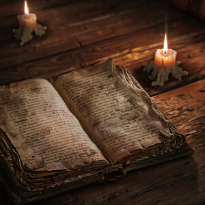 AI Image: An old, weathered journal lying open on a wooden table...