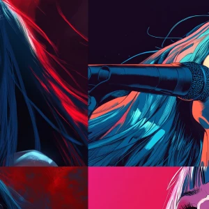 A woman with long blue hair and red eyes singing, super detailed...