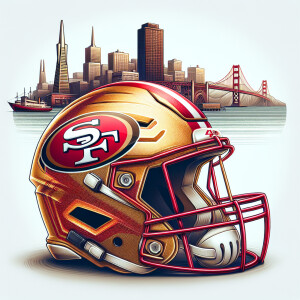 Cgi San Francisco 49ers helmet, San Francisco skyline behind the...
