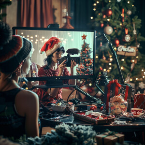 Photorealistic image. Woman making YouTube video of herself, mak...
