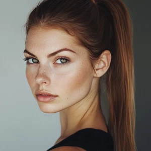 a woman, look to the camera, close up photo, High pony tail hair...