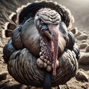 "Create a realistic image of a wild Turkey with an intimidating,...