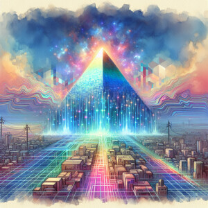 A shimmering, holographic pyramid floats above a pastel-hued cit...