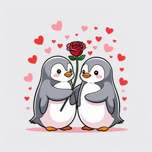 Two cute penguins standing close together, one presenting a red...