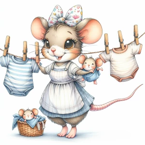 A picture of a cute mother mouse with big eyes, wearing an apron and a bow on top of her head, she is  hanging laundry on the clothing line wich has 2 mouse babies hanging from the line wrapped in a blanket and held by clothing pins on the line. The laundry line has baby shirts hanging from it. Full shot. watercolour illustration with pencil outline