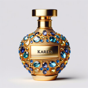 Create a 3-D realistic gold and blue, colorful jewels perfume b...
