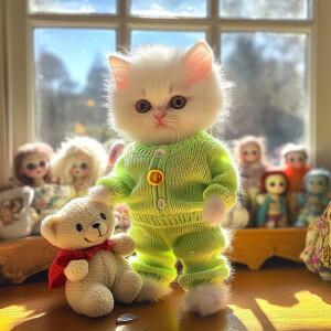 little white kitten wearing a neon green sweater wearing trainin...