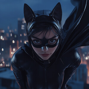 An athletic woman wearing a tight black leather suit with cat ea...