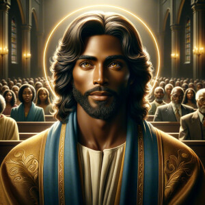 Illustrate an inspiring African-American Jesus crust with a dign...