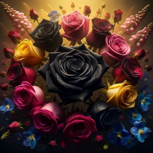 A dramatic close-up of a Black Baccara rose, intertwined with a...