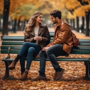 A young couple enjoying a quiet moment on a park bench, with leaves gently falling around them.