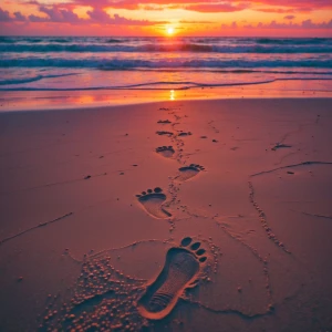 Footprints trailing across a sandy beach during a vivid sunset.