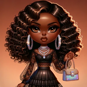 chibi -style hyper-realistic cartoon of a boujee African America...