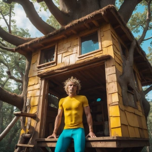 Spymdad in the treehouse, hismusculrbodcovered I can see all his...