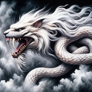 Hyperrealism watercolor oil paints. An white fantasy snake cat w...