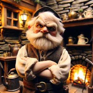 Imagine Grumpy the Dwarf from Snow White, standing with arms cro...