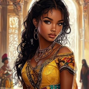 Envision a graceful young woman with a fusion of Nigerian and Eg...