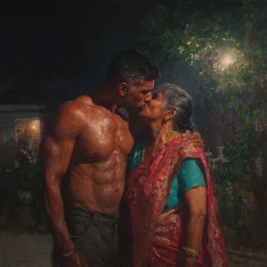 Hyperrealism painting.a muscular sweaty indian man standing in...