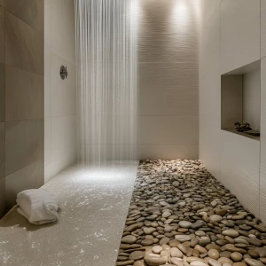 Design a tranquil shower space featuring natural pebble flooring...