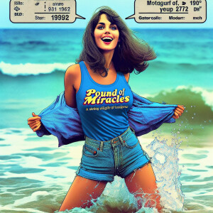 Create a color photograph from 1972 of a beautiful, brunette, 23...