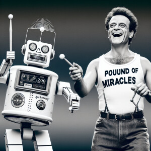 Photorealistic. Weird robot playing drums to a beautiful 23-year...