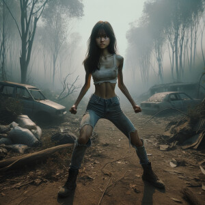 Skinny and thin Asian teen girl wearing skin tight jeans that are worn and frayed, long hair and bangs heroic ready to fight stance