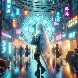 A beautiful girl with long white hair braided in two braids and...