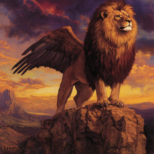 Design a majestic hybrid creature combining a lion and an eagle,...