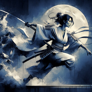 full length beautiful woman samurai warrior, jumping, sword in h...
