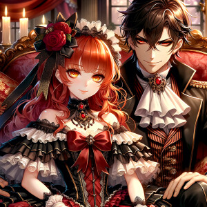 Lilith as a girl with elegant gothic lolita dress sit on the lap of handsome lucifer, the girl has red hair and golden eyes, thrones, blackand red elegant luxury background, Lucifer evil smirk, The girl fierce look, Obsession and Ownership sign