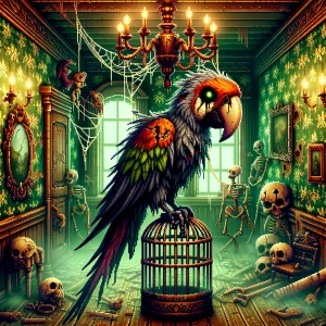 **"A sinister, decayed parrot perched on a rusted cage in a crum...