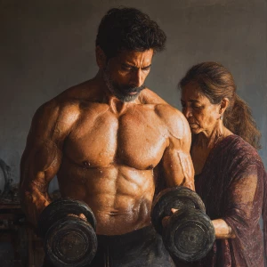 Hyperrealism painting,A  muscular beefy sweaty kashmiri man doin...