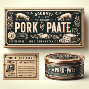 Create a visual design for a gourmet pork pâté, featuring an ele...