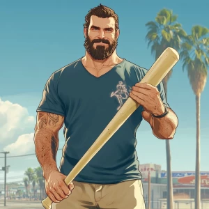 White muscular thin man with beard, big chin, smile and cheekbon...