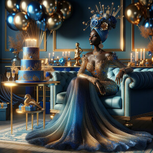 Create a 3-D realistic, African-American woman, she is seated on a luxurious blue couch. She is dressed in a splendid blue and gold gown, with the fabric shimmering like a starlit night sky. Her outfit is complemented by gold earrings and a chic blue and gold head wrap crowning her head with elegance. Beside her, a beautifully decorated birthday cake adorned with blue and gold icing, stands on a small table, with candles waiting to be wished upon. In the air, blue and gold balloons catch the light, adding a touch of magic. The room itself is a harmony of celebration, with hints of gold accents against blue decor, creating an atmosphere of joyous celebration.