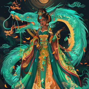 Create a full-body illustration of an Empress embodying a blend...