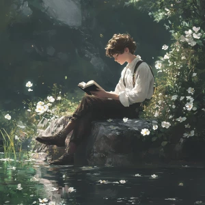 Create an image of an anime-style boy influenced by Pre-Raphaeli...