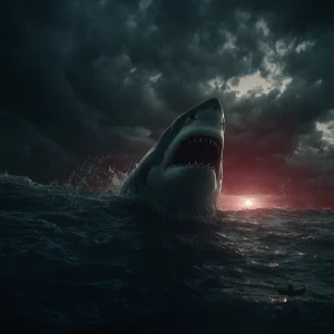 A massive great white shark breaches through dark, stormy waters...
