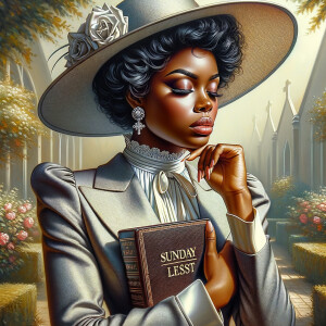 Render an airbrush oil painting of an African American woman with flawless makeup in a
contemplative pose, holding a Bible close to her heart, dressed in an elegant Sunday Best
outfit with a distinctive Church Hat. The background features a peaceful church garden,
with light filtering through the trees, highlighting her spiritual connection and the personal
moment of reflection. The artwork should capture the tranquility of the scene, the beauty
of her attire, and the depth of her contemplation, reflecting a serene and spiritually