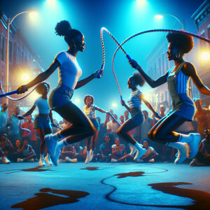 It’s night time a blue of street lights in the background, A gro...