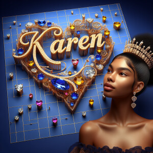 Craft a 3-D image showcasing the name 'KAREN' in a luxurious gol...