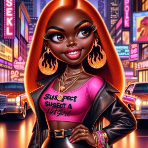 Create an ultra-realistic caricature emphasizing the joy and confidence of a curvy African American woman. Her hair is a radiant fire-orange, styled flawlessly. She has large, expressive brown eyes enhanced by dramatic lashes, glowing skin, and glossy pink lips. She's sporting a vivid pink crop top emblazoned with 'SUSPECT A HOT GIRL' in sparkling black letters, paired with a shiny leather skirt adorned with flame motifs. A striking fringe jacket adds a sense of dynamic flow. Accessorize with flame-shaped sunglasses, oversized gold hoop earrings, multiple layered gold necklaces, and colorful bangles. The backdrop is a bustling urban night scene, aglow with neon signs, that complements her glamorous presence