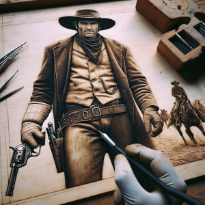 An old west cowboy standing in the middle of the road, six shoot...
